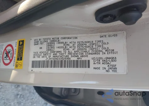 2003 Lexus Lx 470 z USA, uszkodzony, nr VIN JTJHT00W233529366